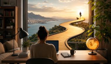 Young professional working remotely from a modern home office while building a successful online career