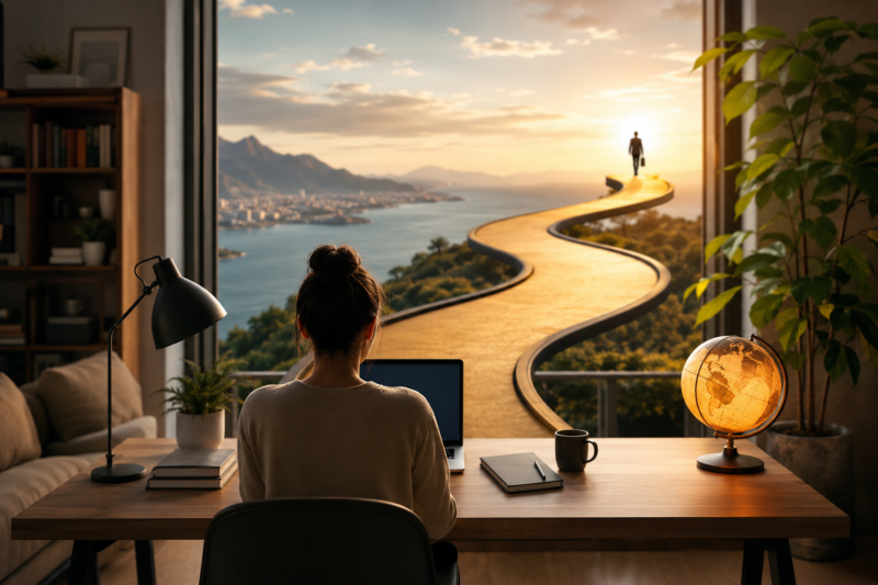 Young professional working remotely from a modern home office while building a successful online career