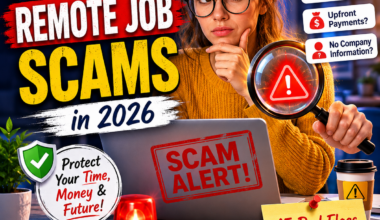 A modern illustration of a worried job seeker reviewing a laptop while surrounded by warning icons