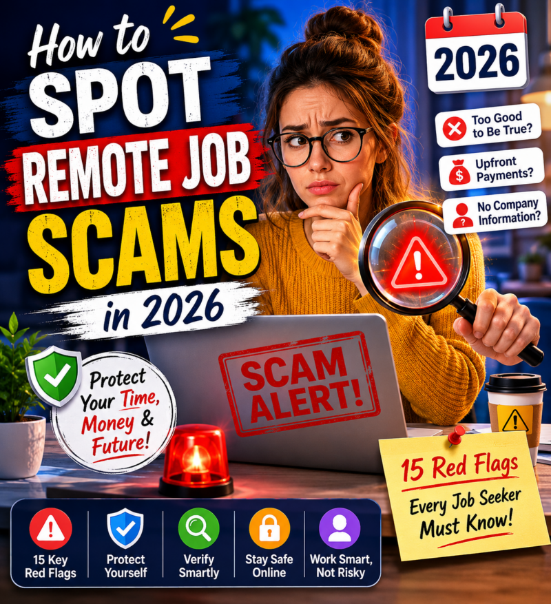 A modern illustration of a worried job seeker reviewing a laptop while surrounded by warning icons
