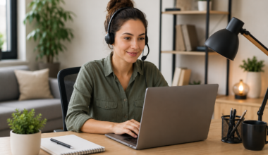 Remote customer support professional assisting customers through laptop and headset while working from a home office