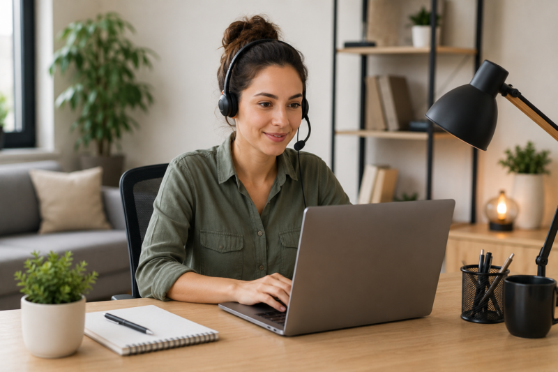Remote customer support professional assisting customers through laptop and headset while working from a home office