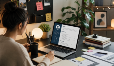 Job seeker reviewing a remote work resume on a laptop while preparing applications from a modern home office