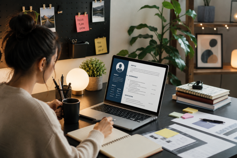 Job seeker reviewing a remote work resume on a laptop while preparing applications from a modern home office