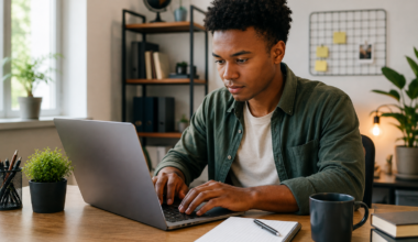 Young professional working remotely from a home office setup with laptop and workspace tools