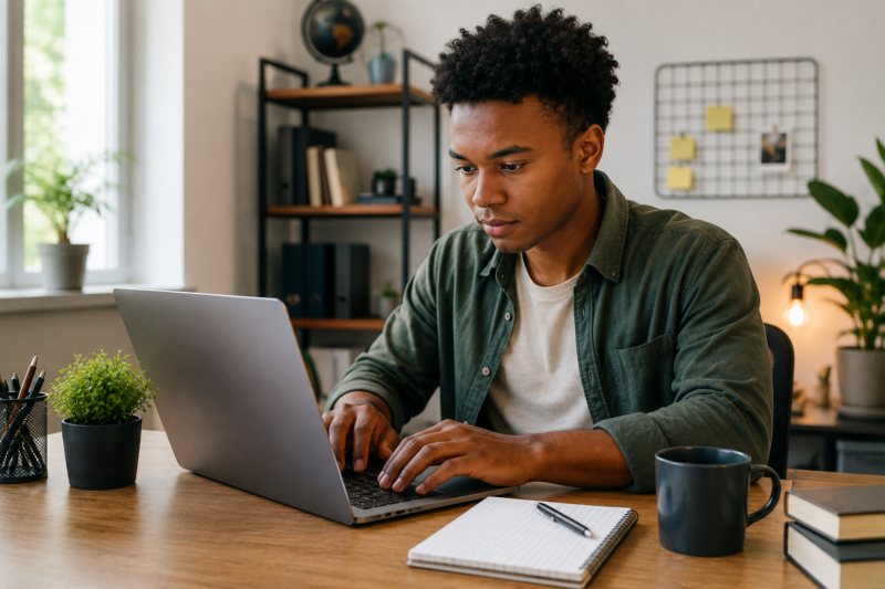 Young professional working remotely from a home office setup with laptop and workspace tools