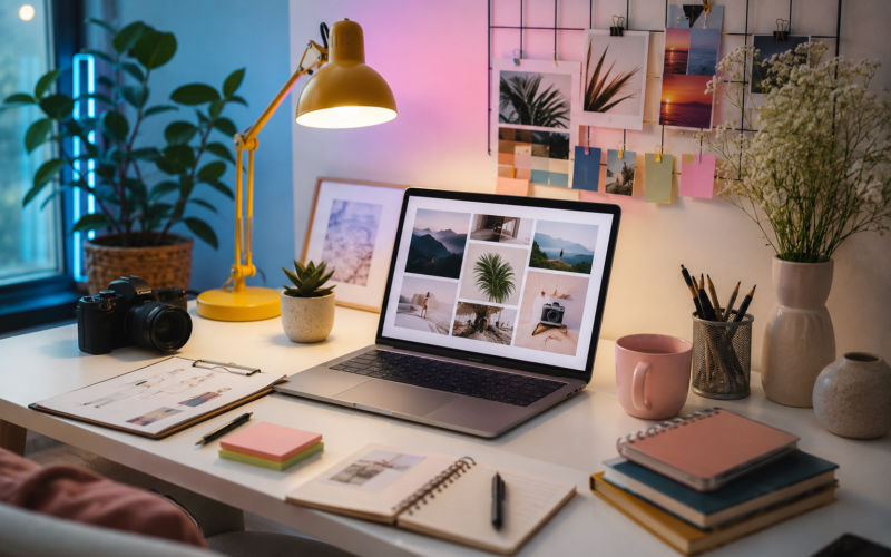A professional creating a digital portfolio for remote career opportunities in a modern workspace