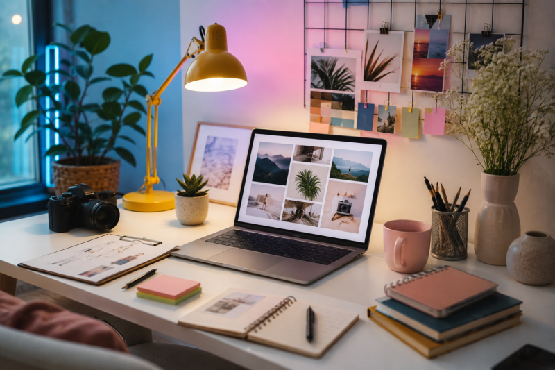 A professional creating a digital portfolio for remote career opportunities in a modern workspace