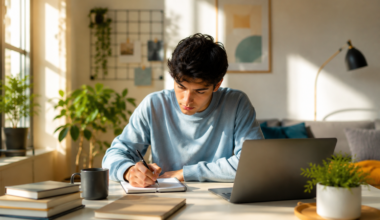 Young professional reviewing a daily planner at a bright café workspace while building consistent habits and personal discipline