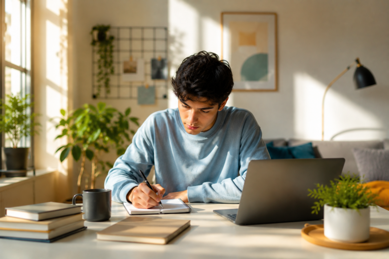 Young professional reviewing a daily planner at a bright café workspace while building consistent habits and personal discipline
