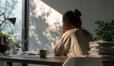 Thoughtful young professional sitting alone indoors in soft natural light, reflecting on daily habits affecting energy, focus, and productivity
