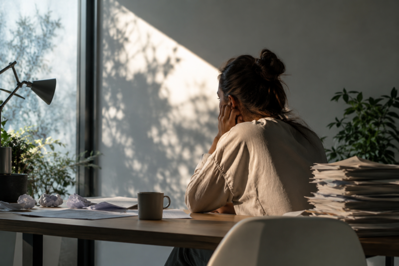 Thoughtful young professional sitting alone indoors in soft natural light, reflecting on daily habits affecting energy, focus, and productivity