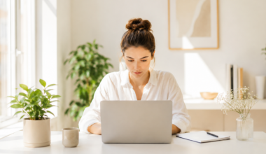 Focused professional working on a laptop in a bright, distraction-free home office with natural light and a clean workspace