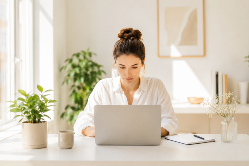 Focused professional working on a laptop in a bright, distraction-free home office with natural light and a clean workspace