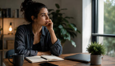 Thoughtful woman sitting at a desk in a bright home office reflecting on decisions, mental clarity, and productivity