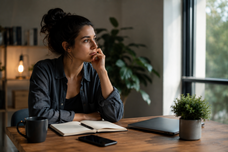 Thoughtful woman sitting at a desk in a bright home office reflecting on decisions, mental clarity, and productivity