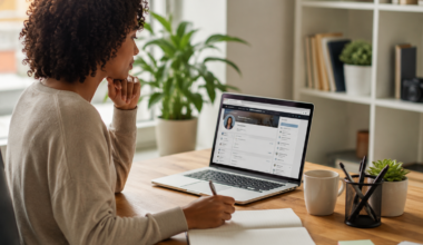 Professional reviewing LinkedIn profile and remote job opportunities on a laptop in a modern workspace