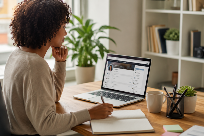 Professional reviewing LinkedIn profile and remote job opportunities on a laptop in a modern workspace