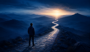 Determined professional walking forward on a long path at sunrise symbolizing patience, persistence, growth, and delayed success
