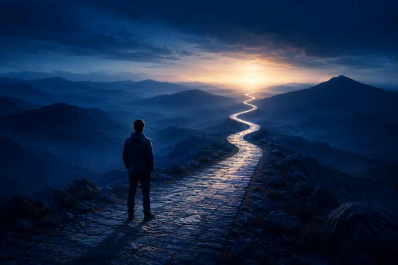 Determined professional walking forward on a long path at sunrise symbolizing patience, persistence, growth, and delayed success