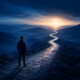 Determined professional walking forward on a long path at sunrise symbolizing patience, persistence, growth, and delayed success