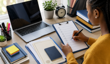 Student organizing scholarship application documents with a checklist, laptop, and academic papers on a study desk