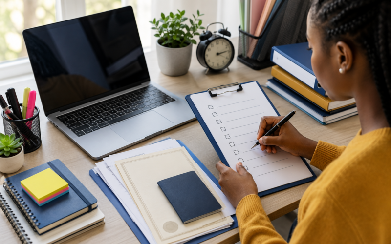 Student organizing scholarship application documents with a checklist, laptop, and academic papers on a study desk