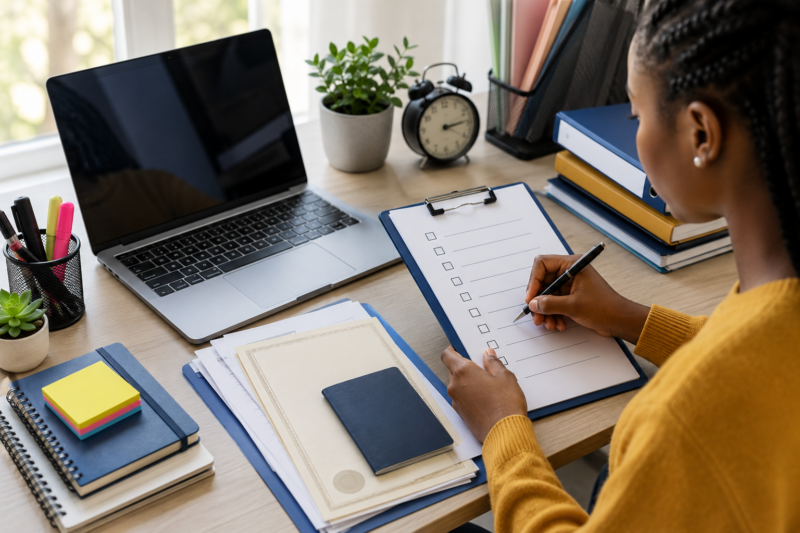 Student organizing scholarship application documents with a checklist, laptop, and academic papers on a study desk