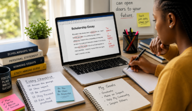 University student reviewing and editing a scholarship essay before submitting an application