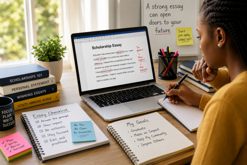 University student reviewing and editing a scholarship essay before submitting an application