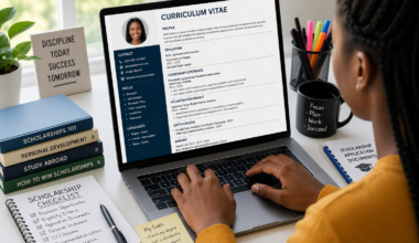Student reviewing a professionally formatted scholarship CV on a laptop while preparing scholarship application documents