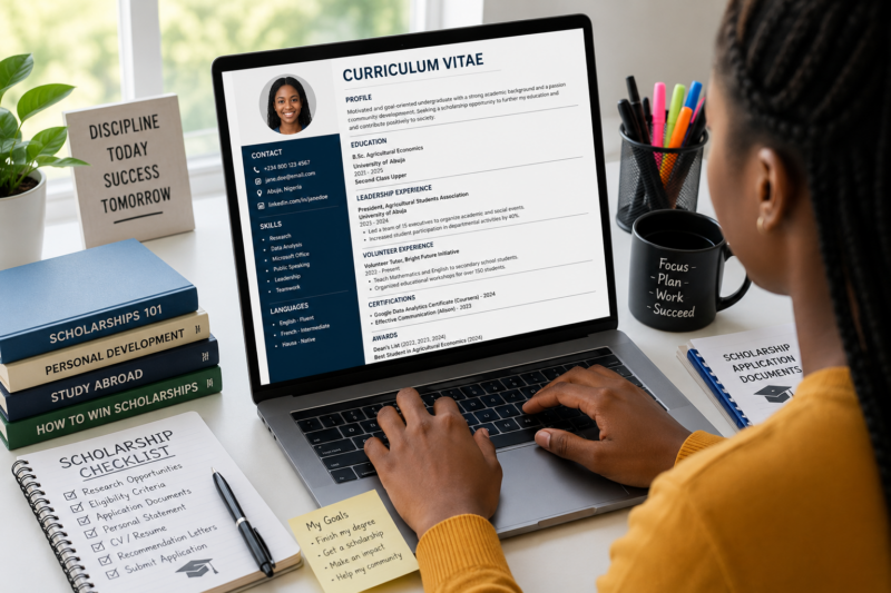 Student reviewing a professionally formatted scholarship CV on a laptop while preparing scholarship application documents